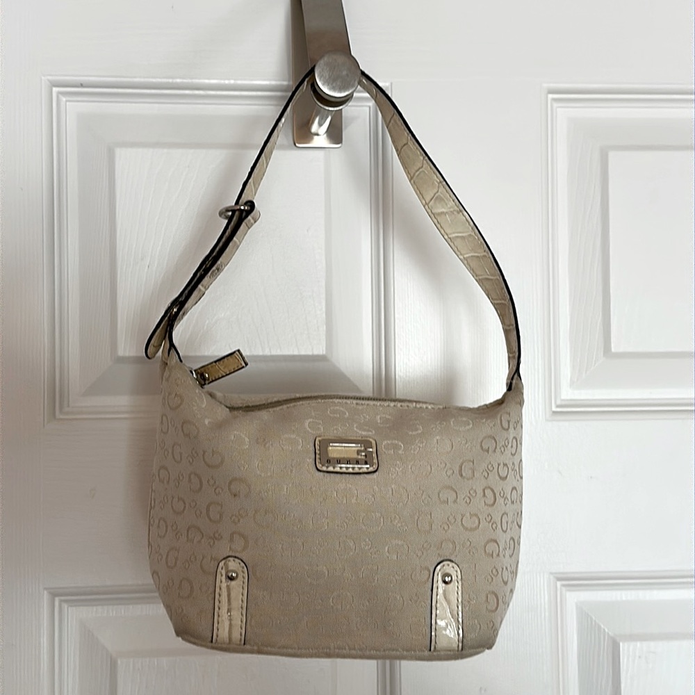 Beige Guess monogram mini purse with faux croc embellishments & silver hardware